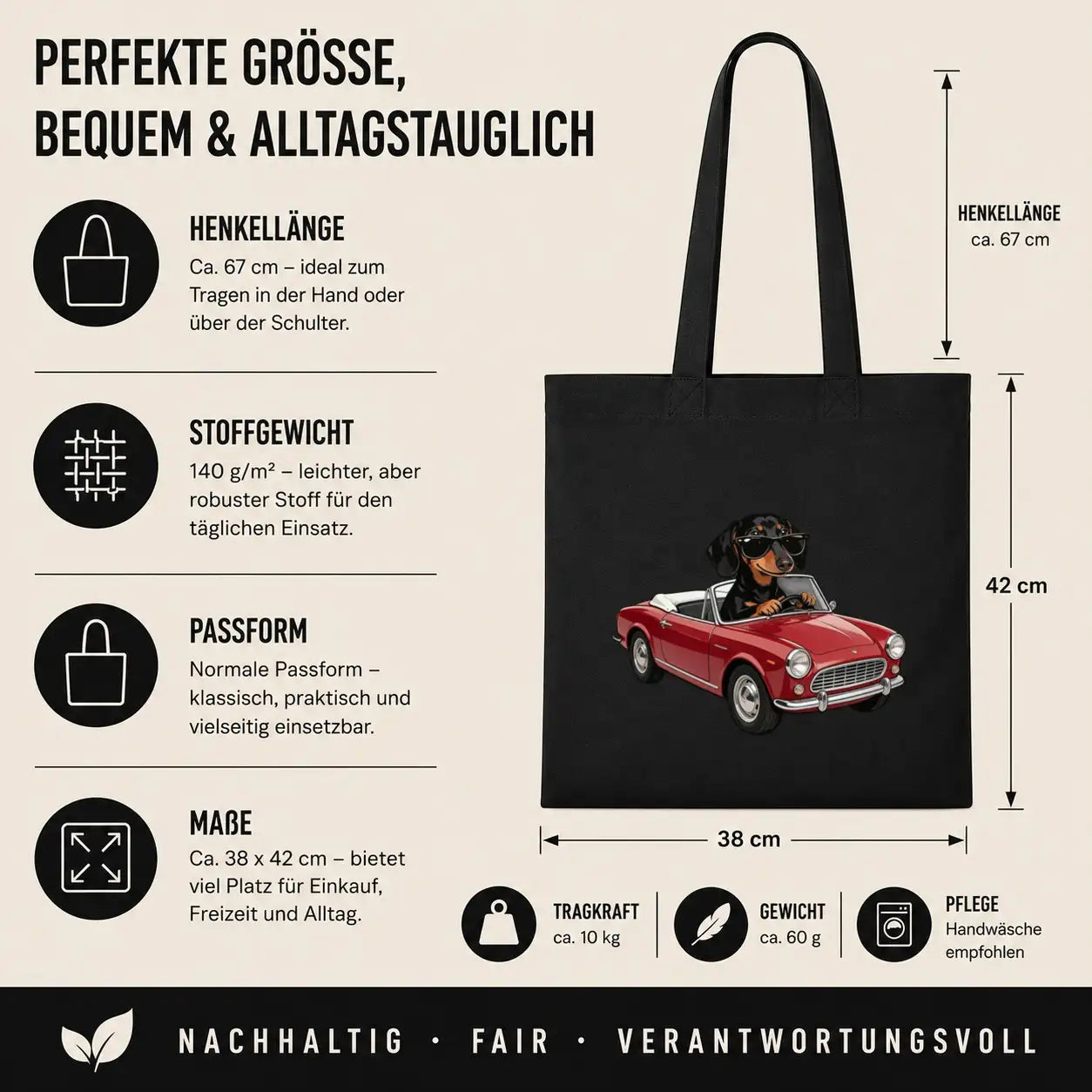 Baumwolltasche - Dackel mit Sonnenbrille im Auto