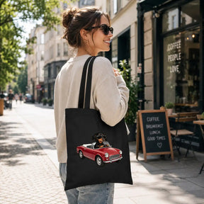 Baumwolltasche - Dackel mit Sonnenbrille im Auto