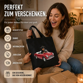 Baumwolltasche - Dackel mit Sonnenbrille im Auto