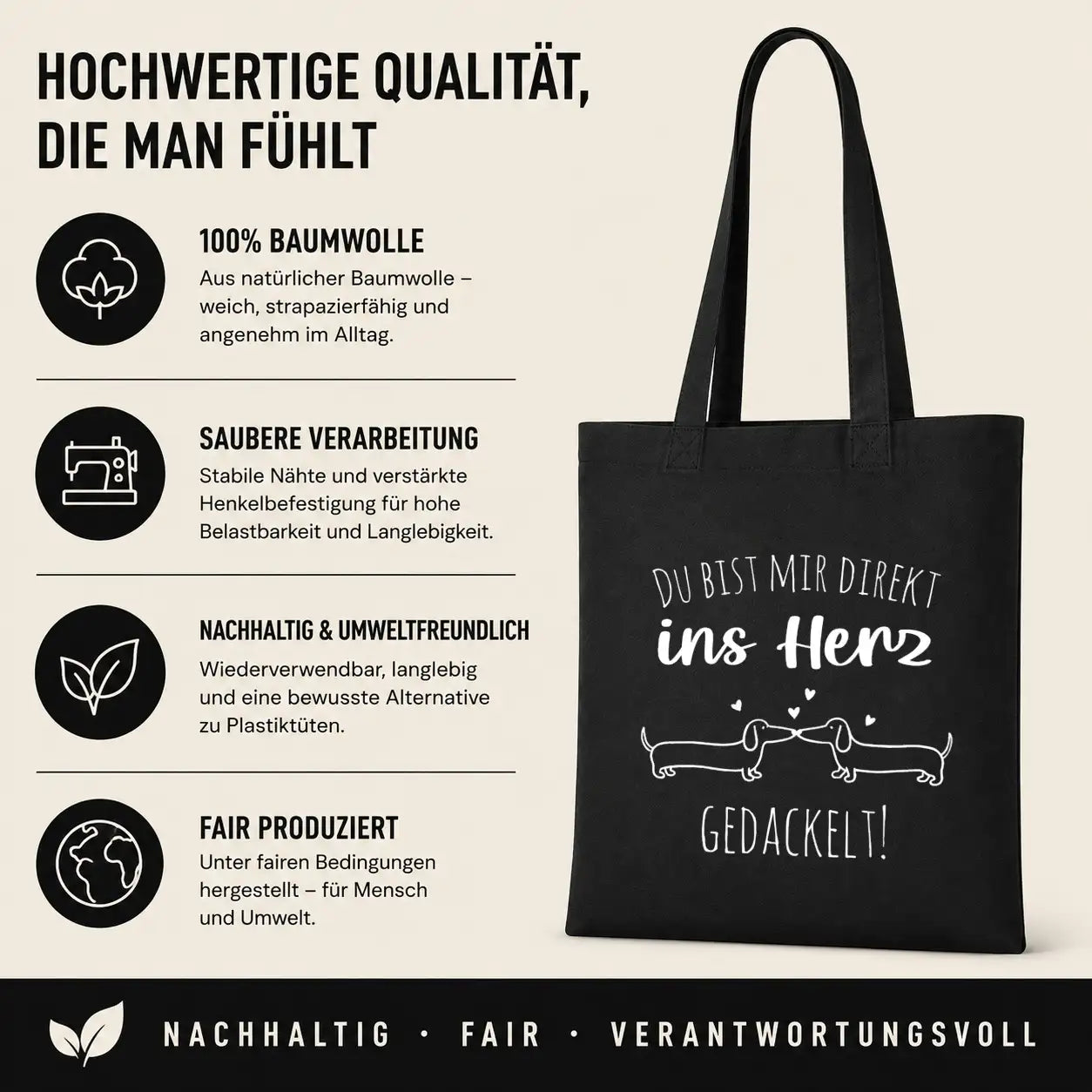 Baumwolltasche - Du bist mir direkt ins Herz gedackelt!