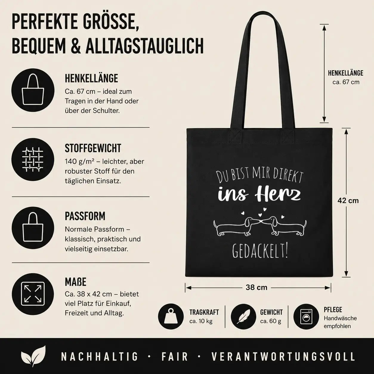 Baumwolltasche - Du bist mir direkt ins Herz gedackelt!