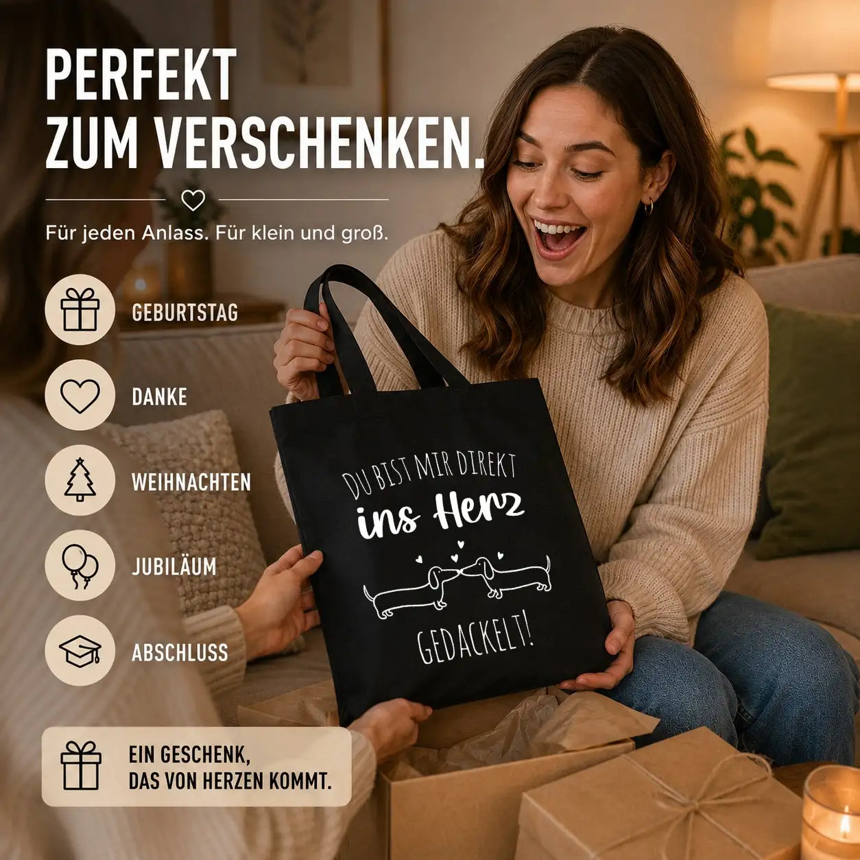 Baumwolltasche - Du bist mir direkt ins Herz gedackelt!