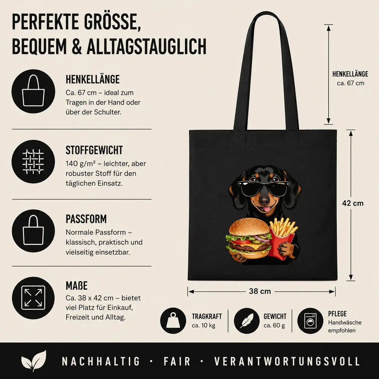 Baumwolltasche - Dackel Sonnenbrille Burger Pommes