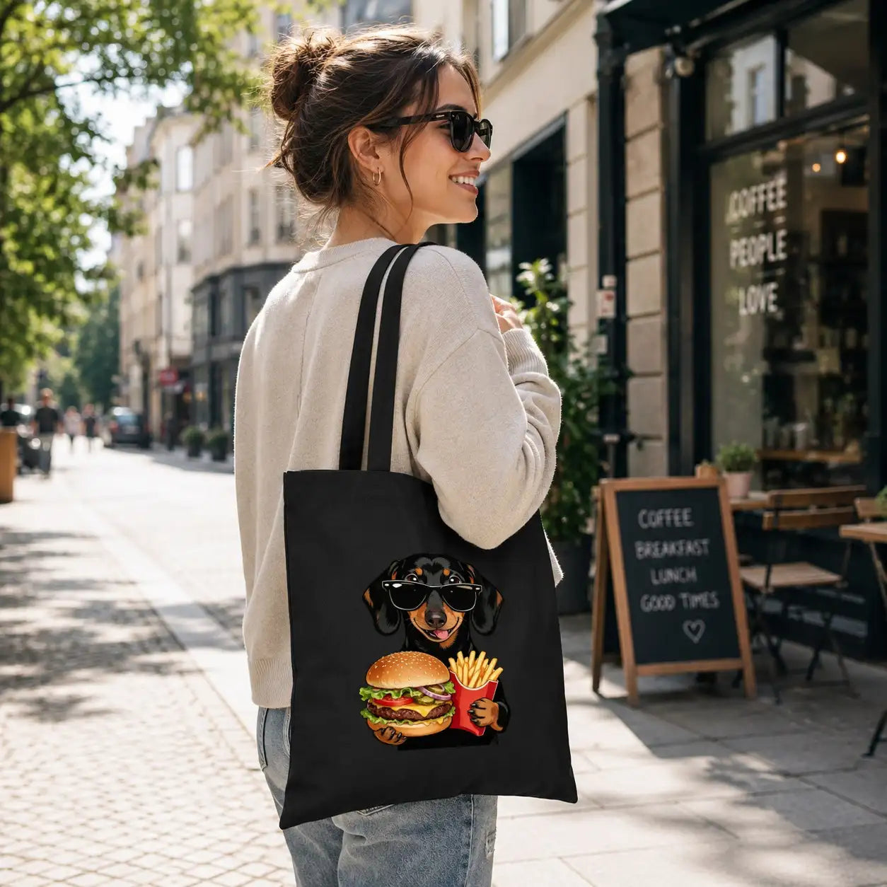 Baumwolltasche - Dackel Sonnenbrille Burger Pommes