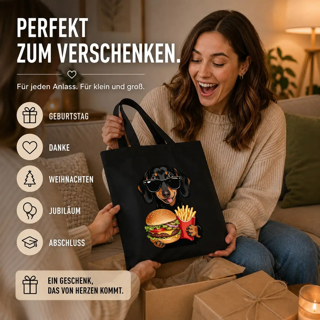 Baumwolltasche - Dackel Sonnenbrille Burger Pommes