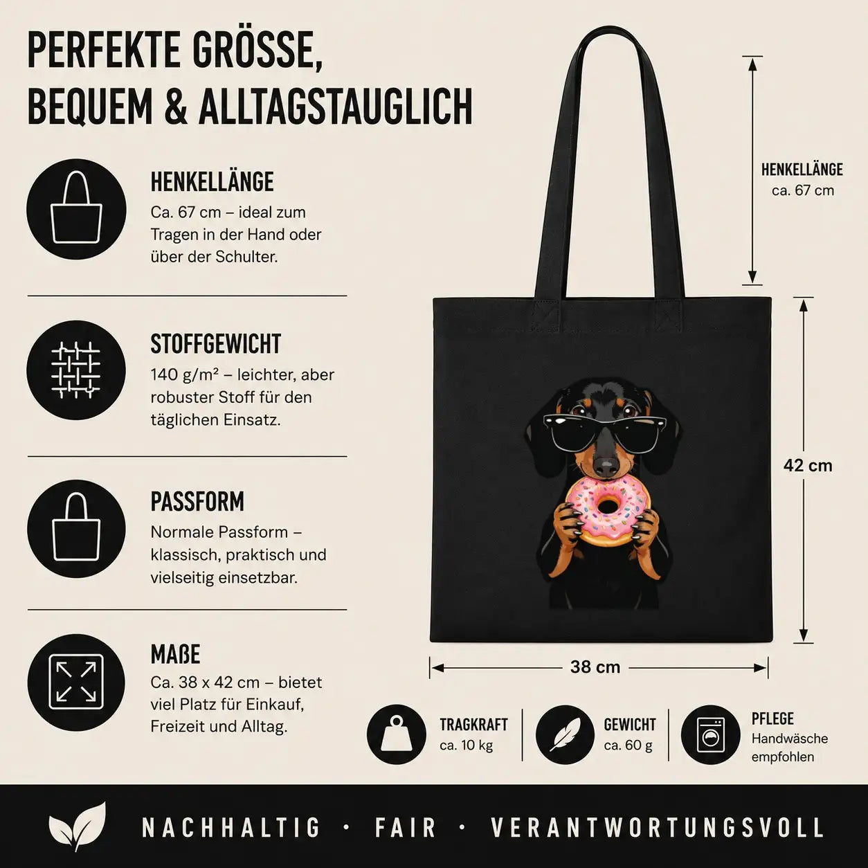 Baumwolltasche - Dackel Sonnenbrille Donut