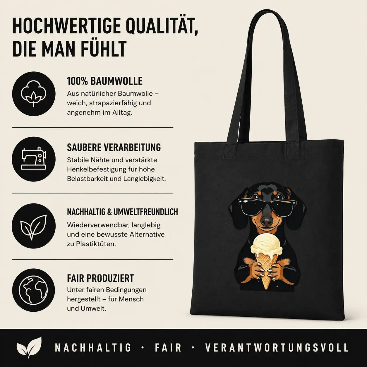 Baumwolltasche - Dackel mit Sonnenbrille Eis