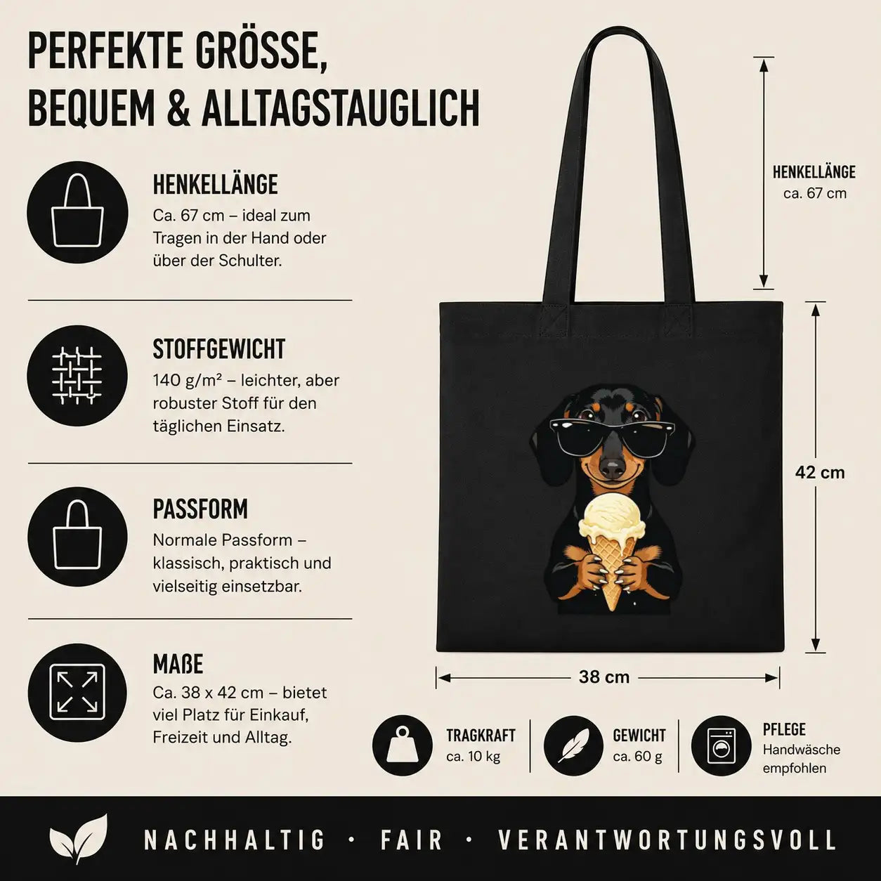 Baumwolltasche - Dackel mit Sonnenbrille Eis