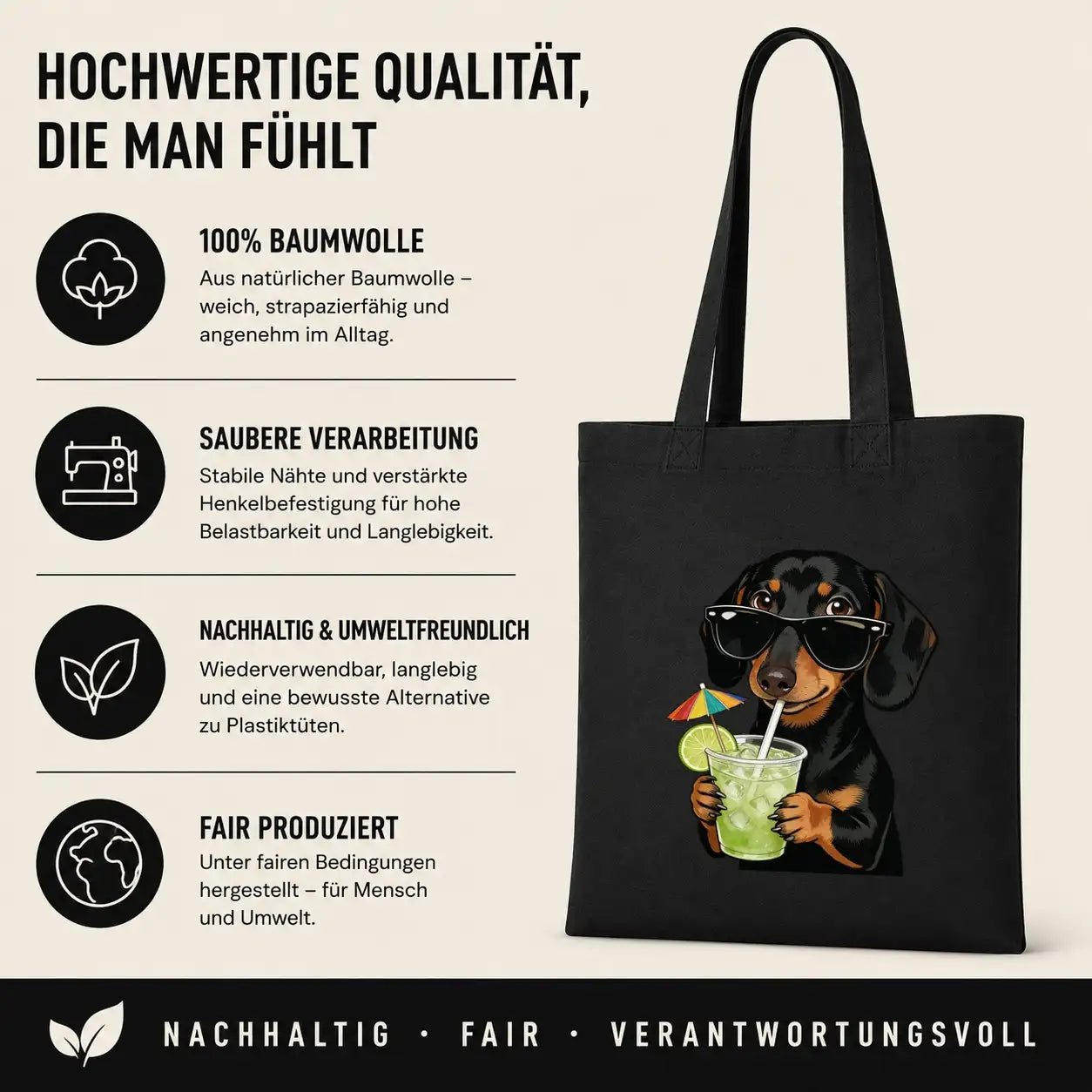 Baumwolltasche - Dackel mit Sonnenbrille Cocktail