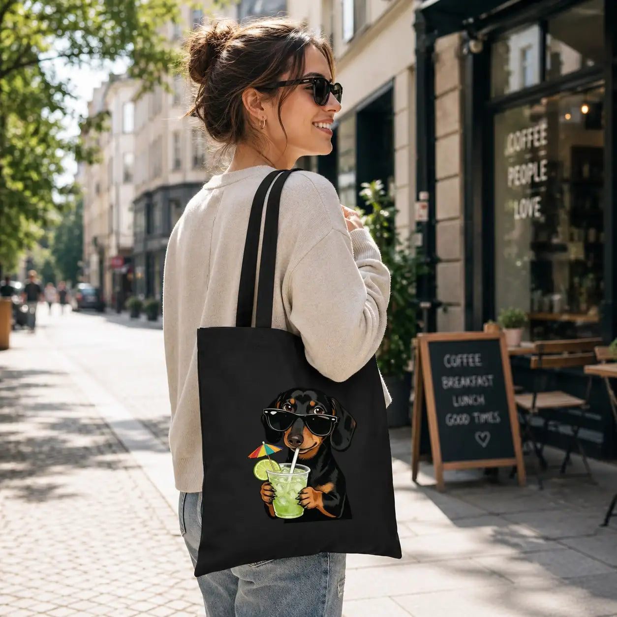 Baumwolltasche - Dackel mit Sonnenbrille Cocktail