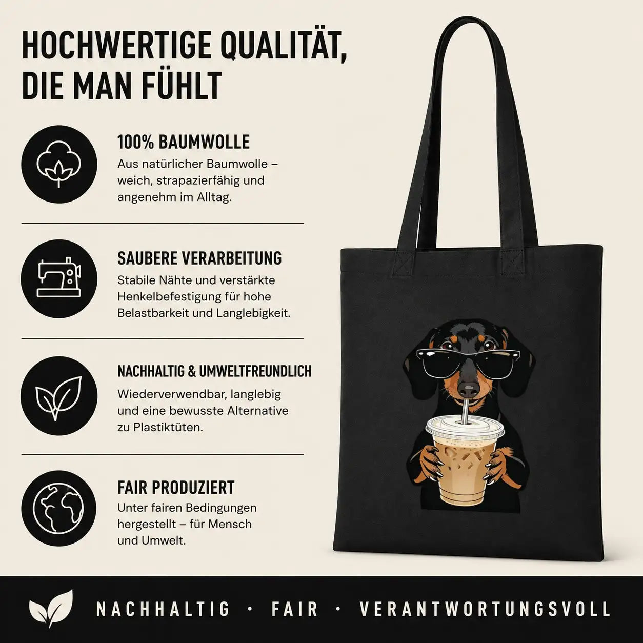 Baumwolltasche - Dackel Sonnenbrille Eiskaffee