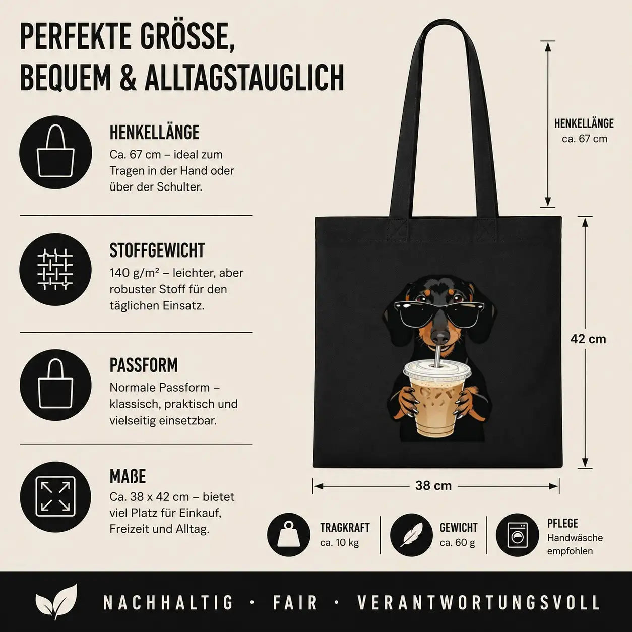 Baumwolltasche - Dackel Sonnenbrille Eiskaffee