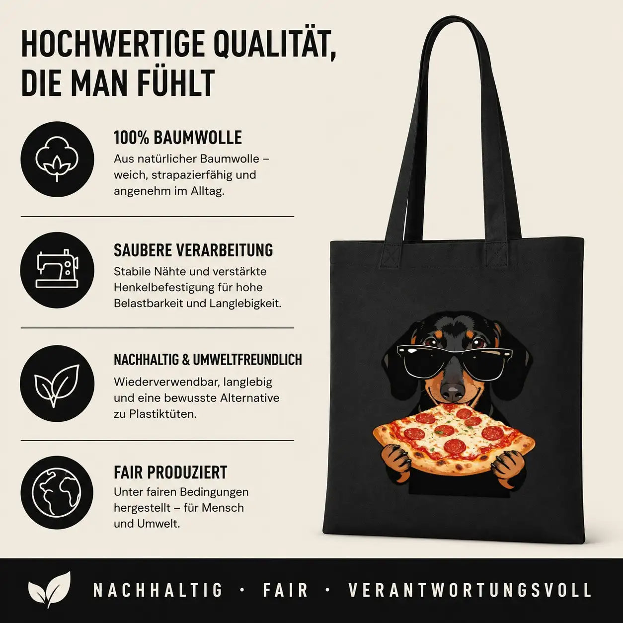 Baumwolltasche - Dackel mit Sonnenbrille Pizza