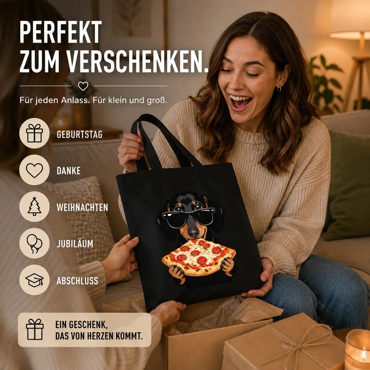 Baumwolltasche - Dackel mit Sonnenbrille Pizza