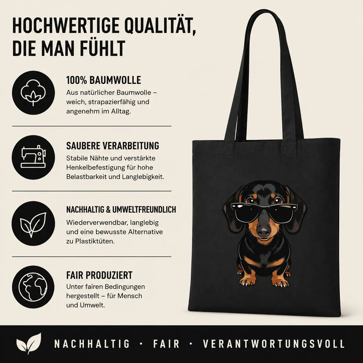 Baumwolltasche - Dackel mit Sonnenbrille
