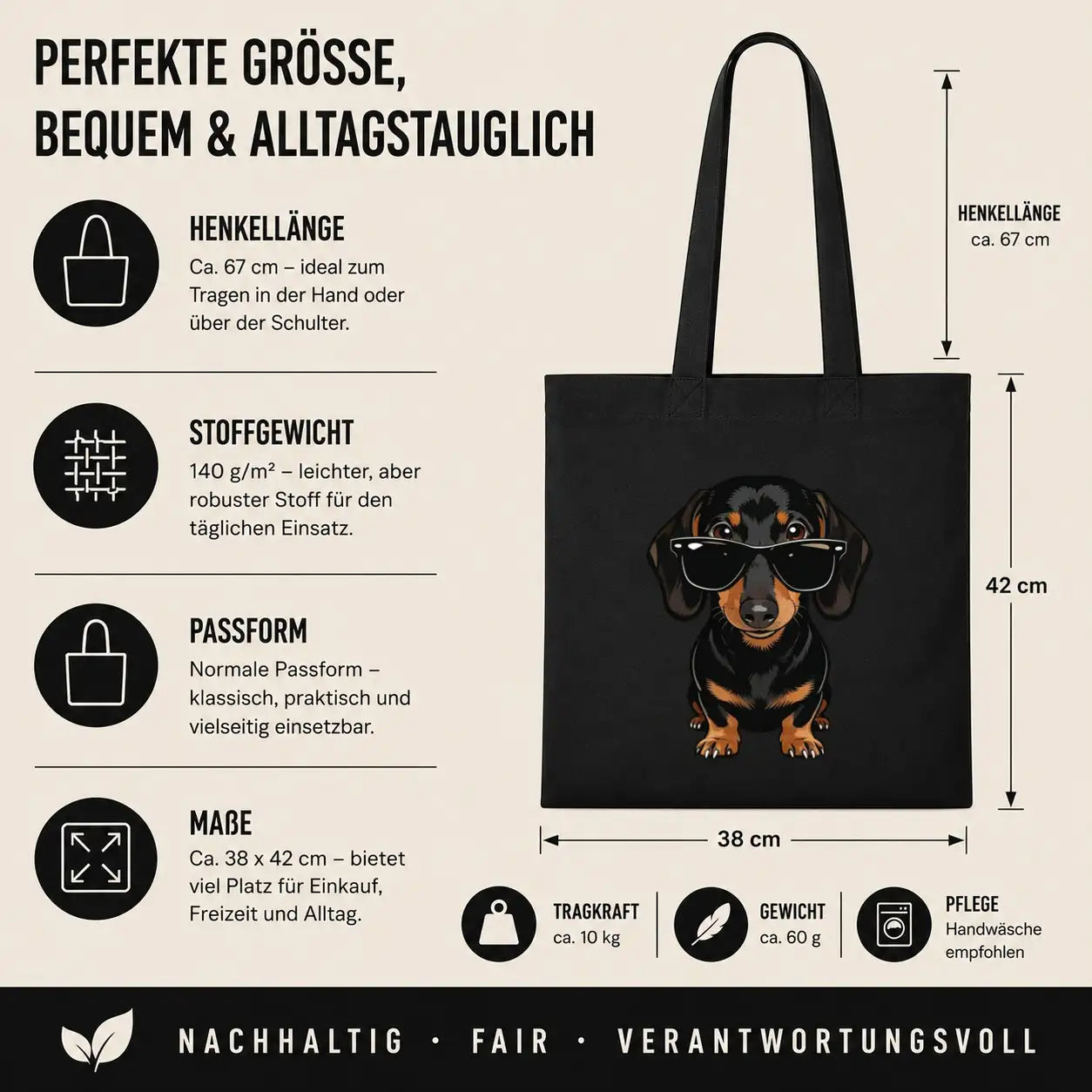 Baumwolltasche - Dackel mit Sonnenbrille