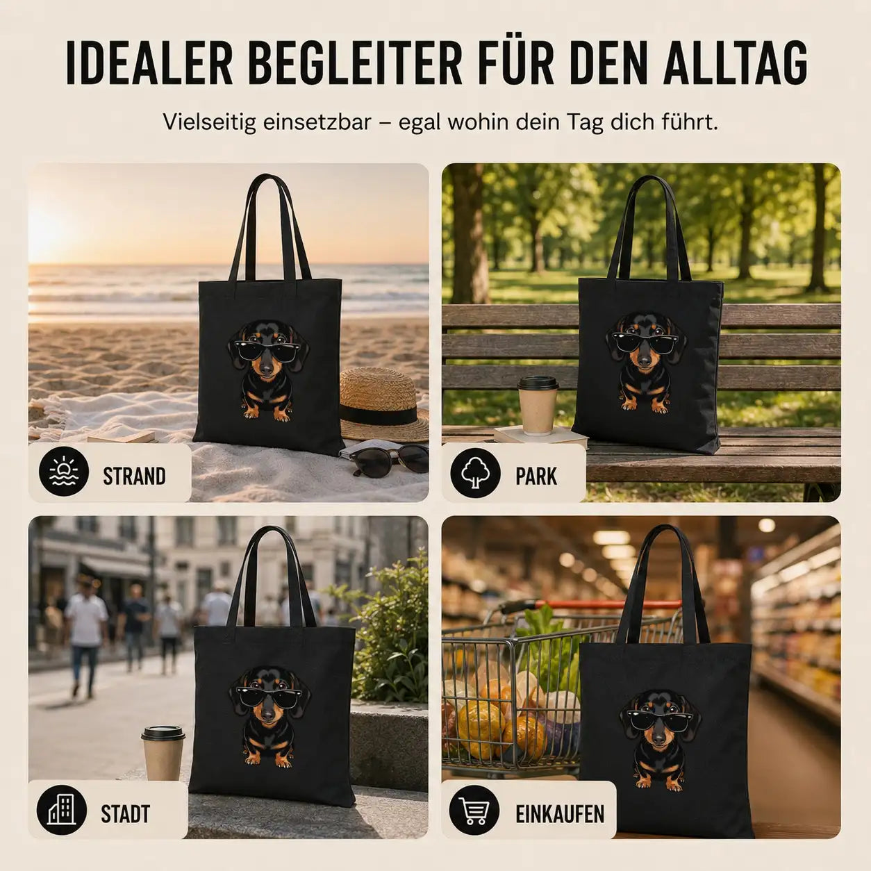 Baumwolltasche - Dackel mit Sonnenbrille