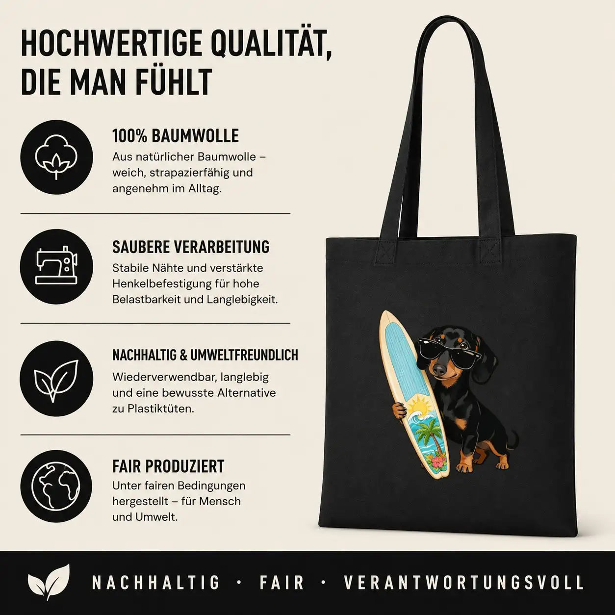 Baumwolltasche - Dackel mit Surfbrett