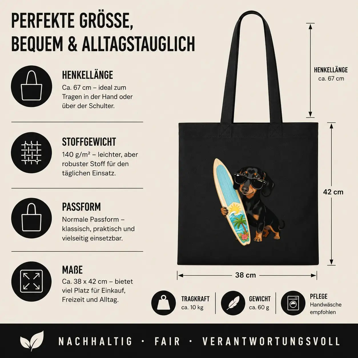 Baumwolltasche - Dackel mit Surfbrett