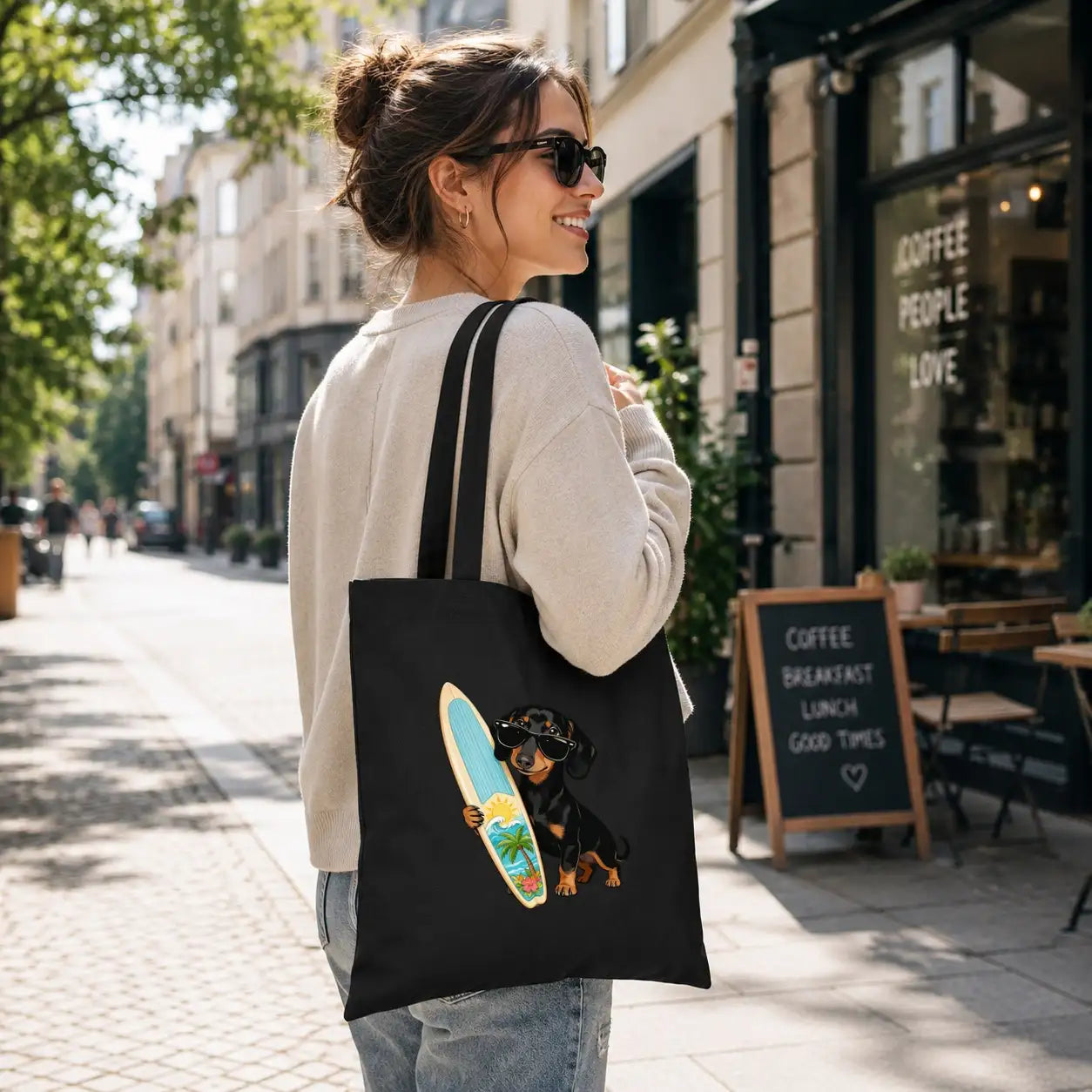 Baumwolltasche - Dackel mit Surfbrett