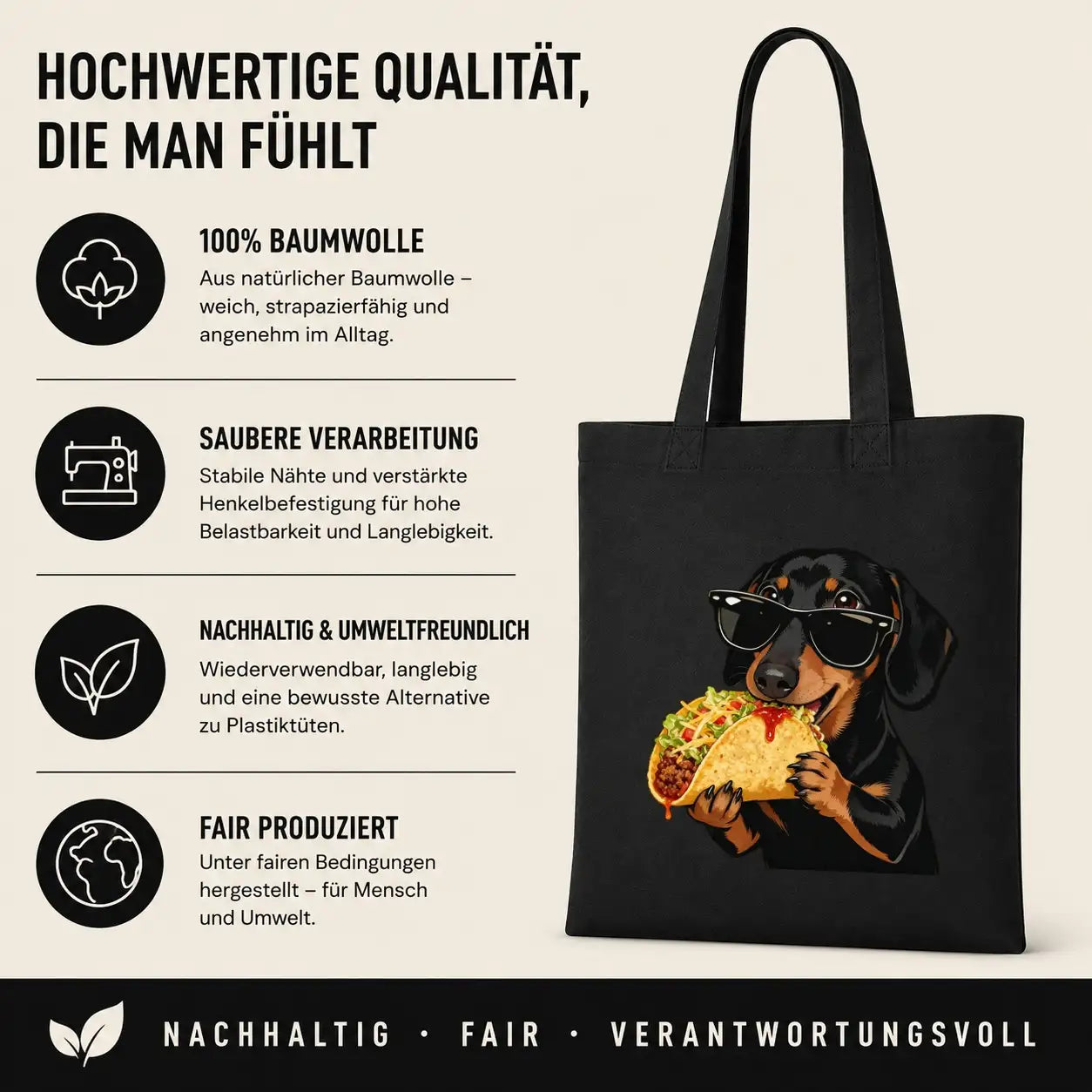 Baumwolltasche - Dackel Sonnenbrille Taco