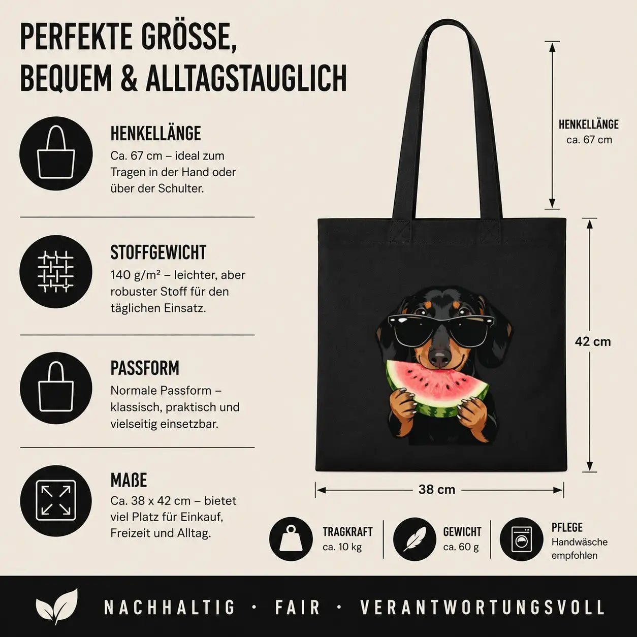 Baumwolltasche - Dackel mit Sonnenbrille Wassermelone