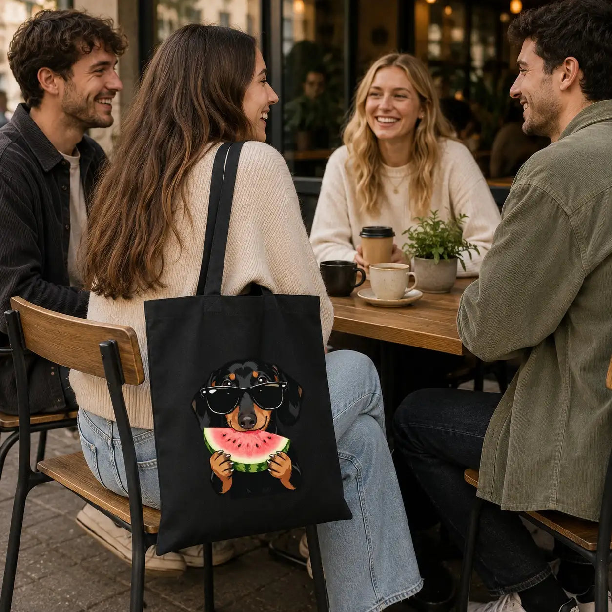 Baumwolltasche - Dackel mit Sonnenbrille Wassermelone