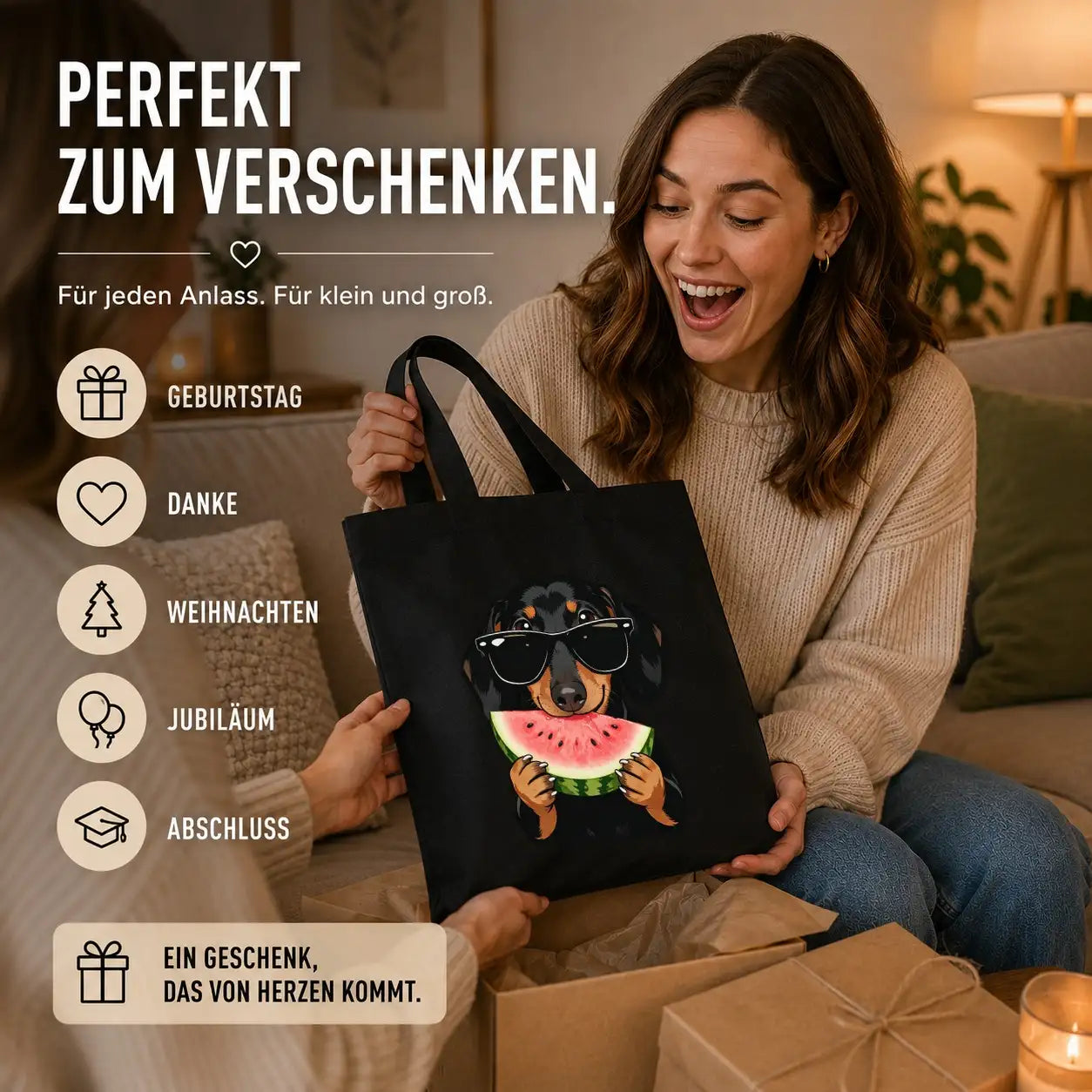 Baumwolltasche - Dackel mit Sonnenbrille Wassermelone