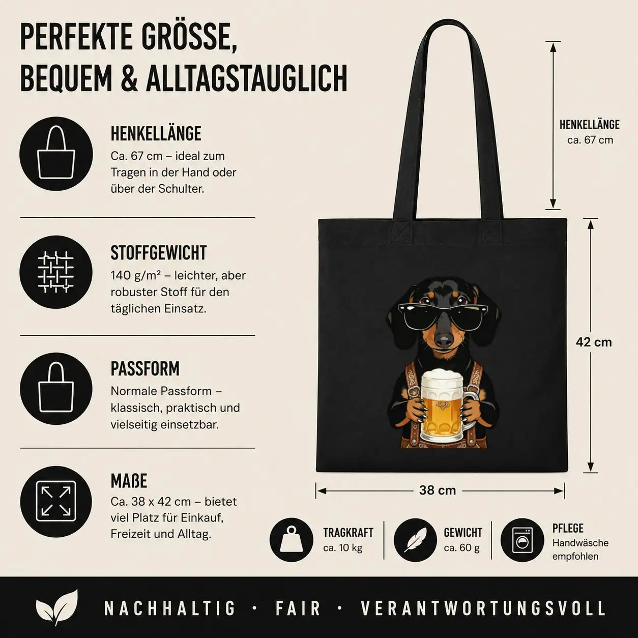 Baumwolltasche - Dackel mit Sonnenbrille Bier