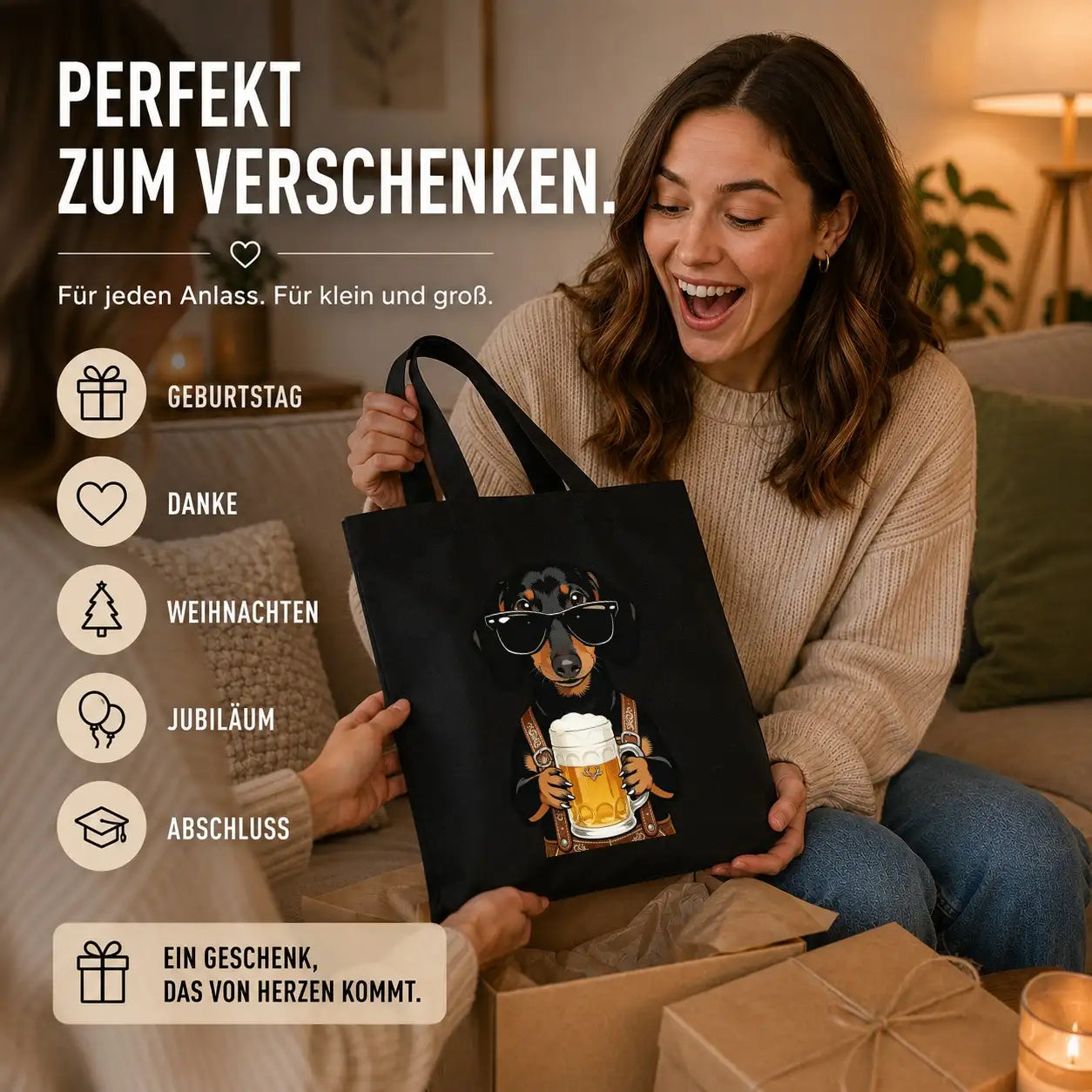 Baumwolltasche - Dackel mit Sonnenbrille Bier