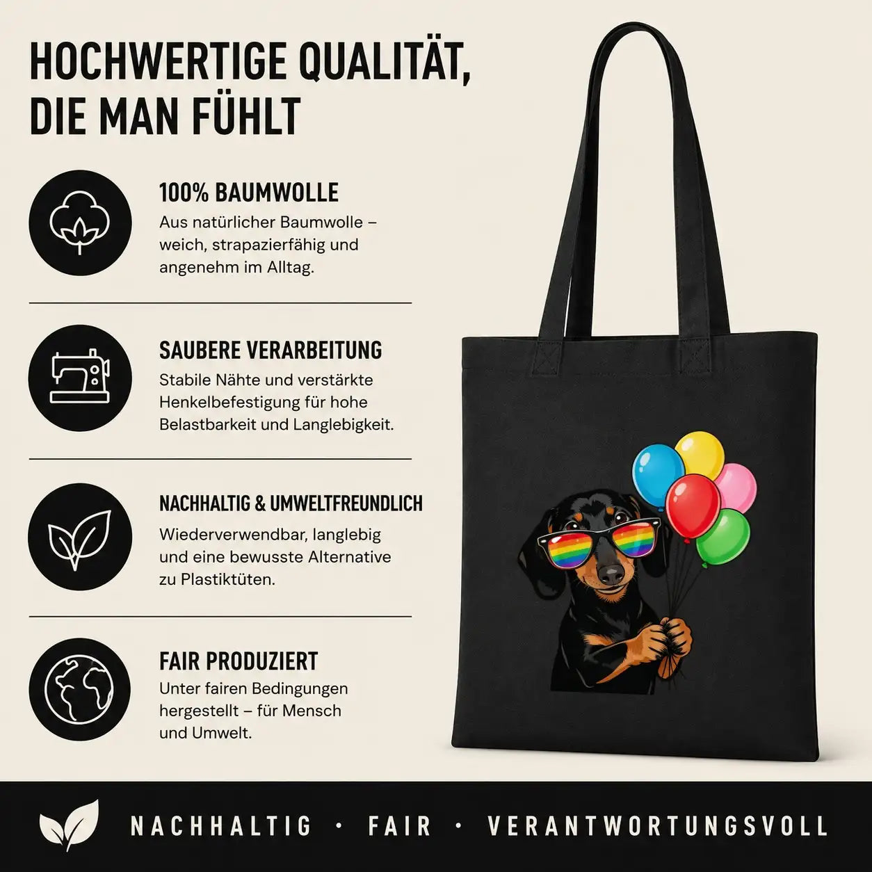 Baumwolltasche - Dackel Sonnenbrille Luftballons