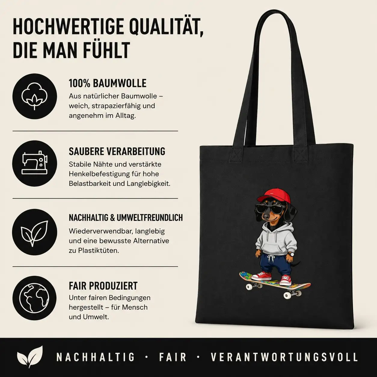 Baumwolltasche - Dackel auf Skateboard
