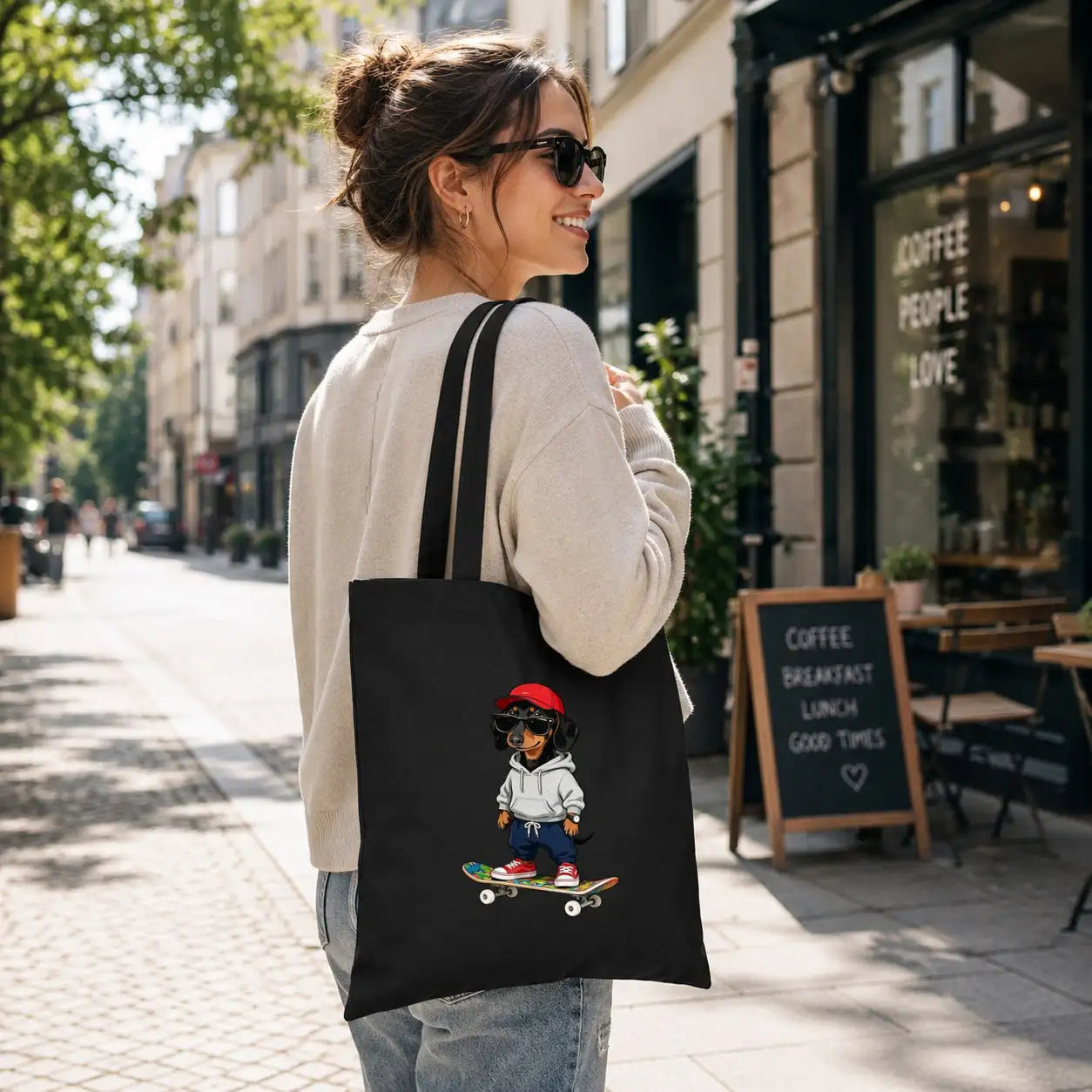 Baumwolltasche - Dackel auf Skateboard
