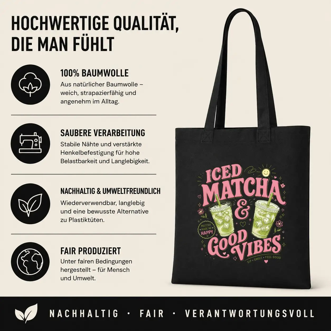 Baumwolltasche - Iced Matcha & Good Vibes