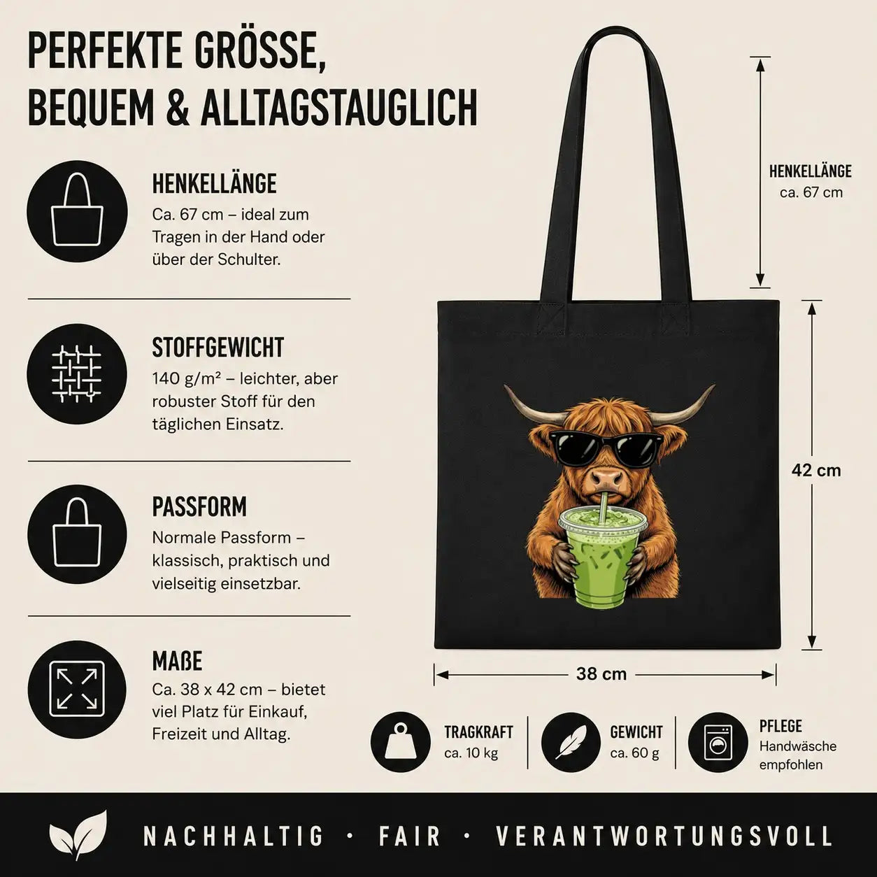 Baumwolltasche - Highland Rind Sonnenbrille Matcha