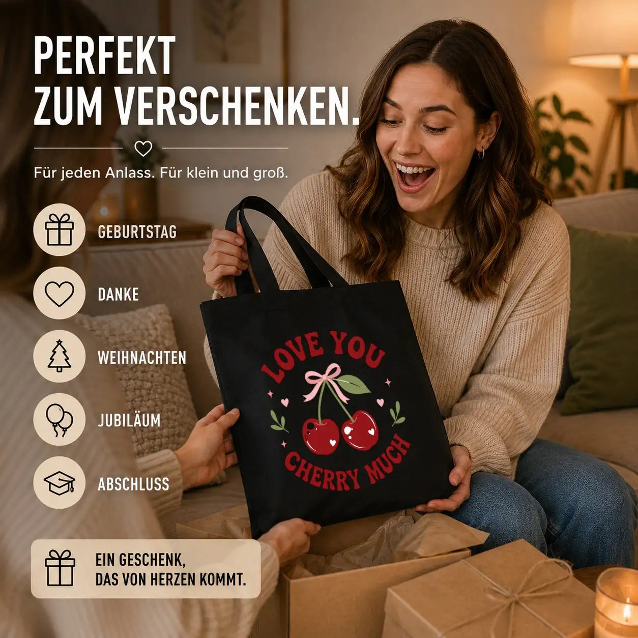 Baumwolltasche - Love You Cherry Much Kirschen Motiv