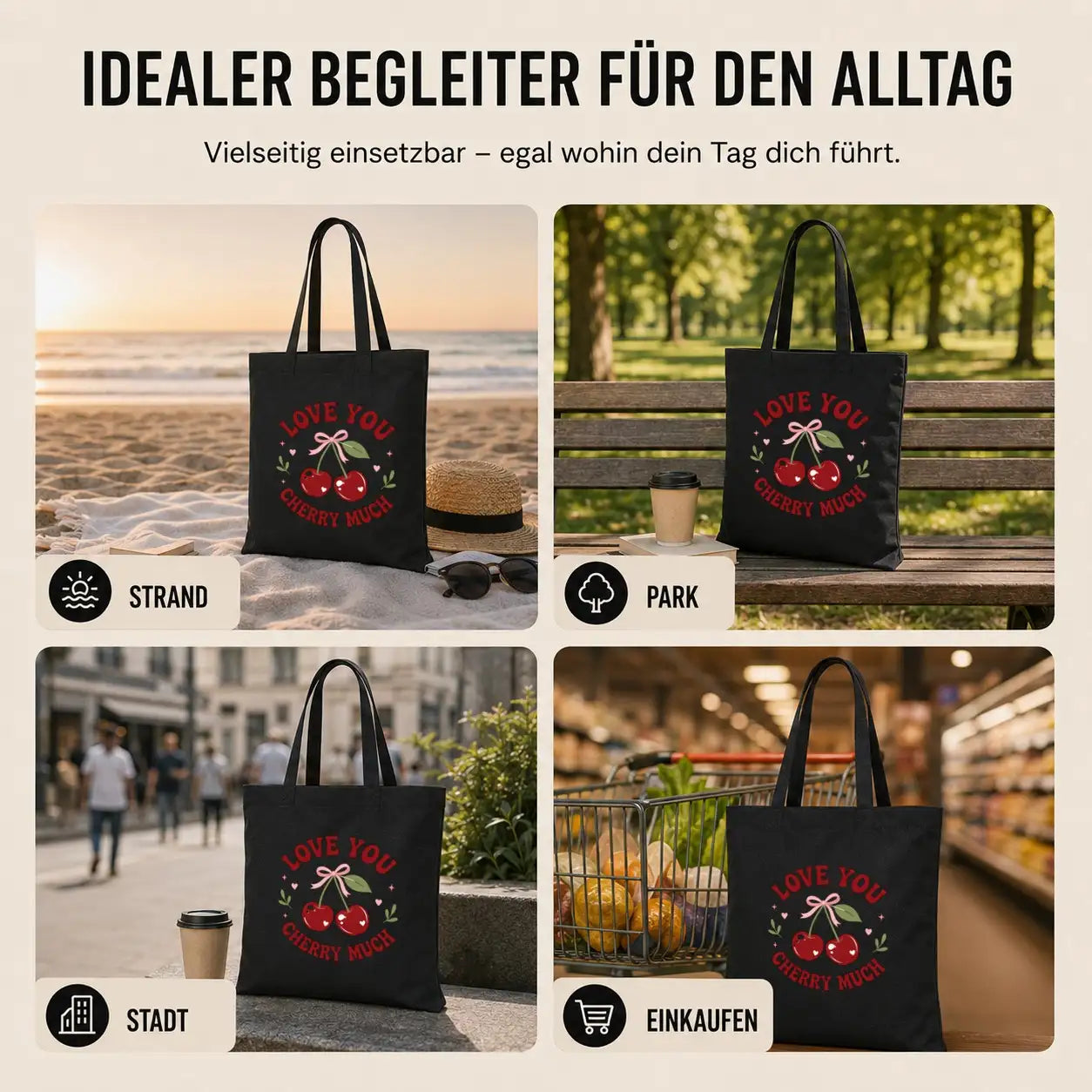 Baumwolltasche - Love You Cherry Much Kirschen Motiv