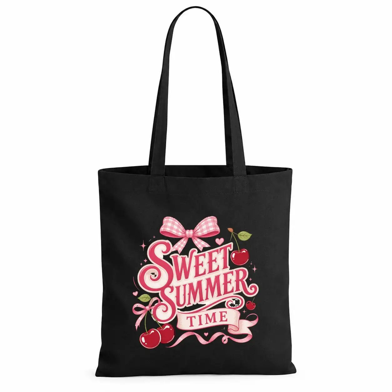 Baumwolltasche Schwarz - Sweet Summer Time mit Kirschen und Schleife