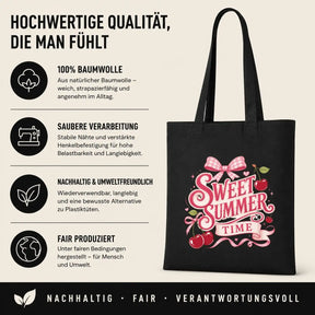 Baumwolltasche Schwarz - Sweet Summer Time mit Kirschen und Schleife