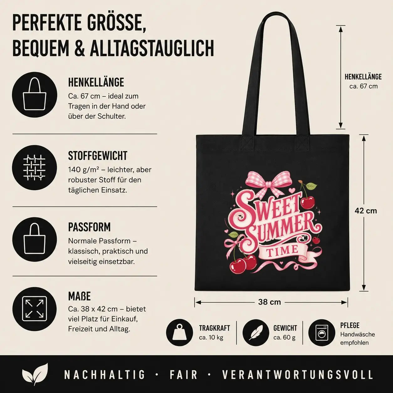 Baumwolltasche Schwarz - Sweet Summer Time mit Kirschen und Schleife