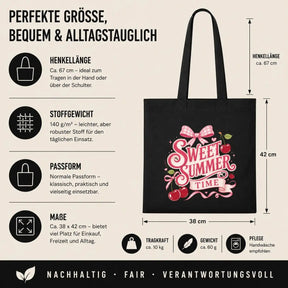 Baumwolltasche Schwarz - Sweet Summer Time mit Kirschen und Schleife