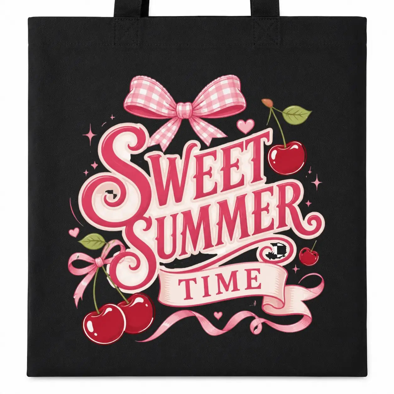Baumwolltasche Schwarz - Sweet Summer Time mit Kirschen und Schleife