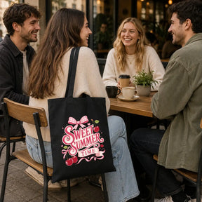 Baumwolltasche Schwarz - Sweet Summer Time mit Kirschen und Schleife