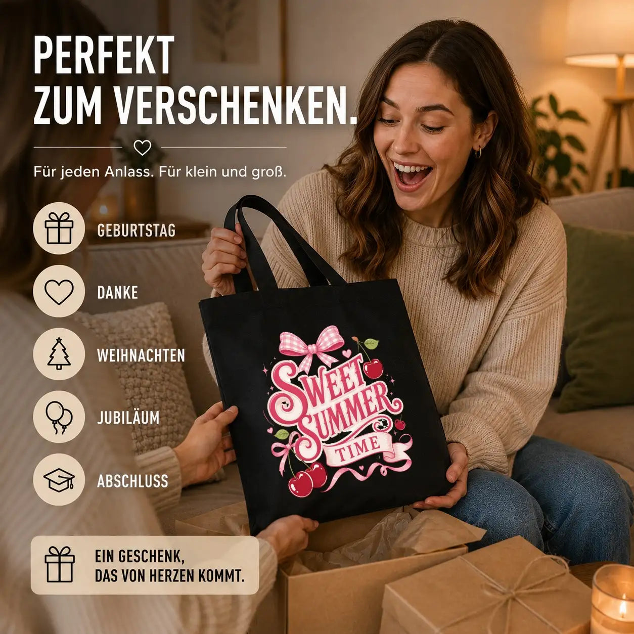 Baumwolltasche Schwarz - Sweet Summer Time mit Kirschen und Schleife