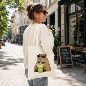 Baumwolltasche - Capybara mit Sonnenbrille und Matcha