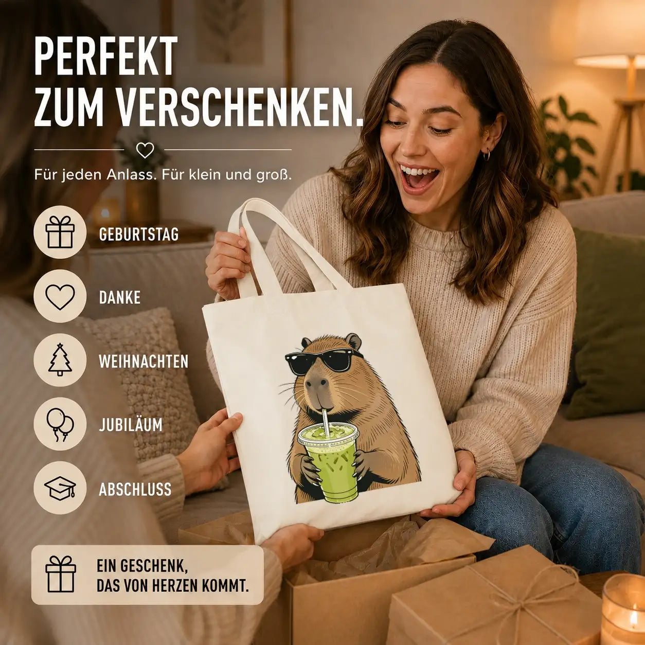 Baumwolltasche - Capybara mit Sonnenbrille und Matcha