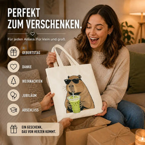 Baumwolltasche - Capybara mit Sonnenbrille und Matcha
