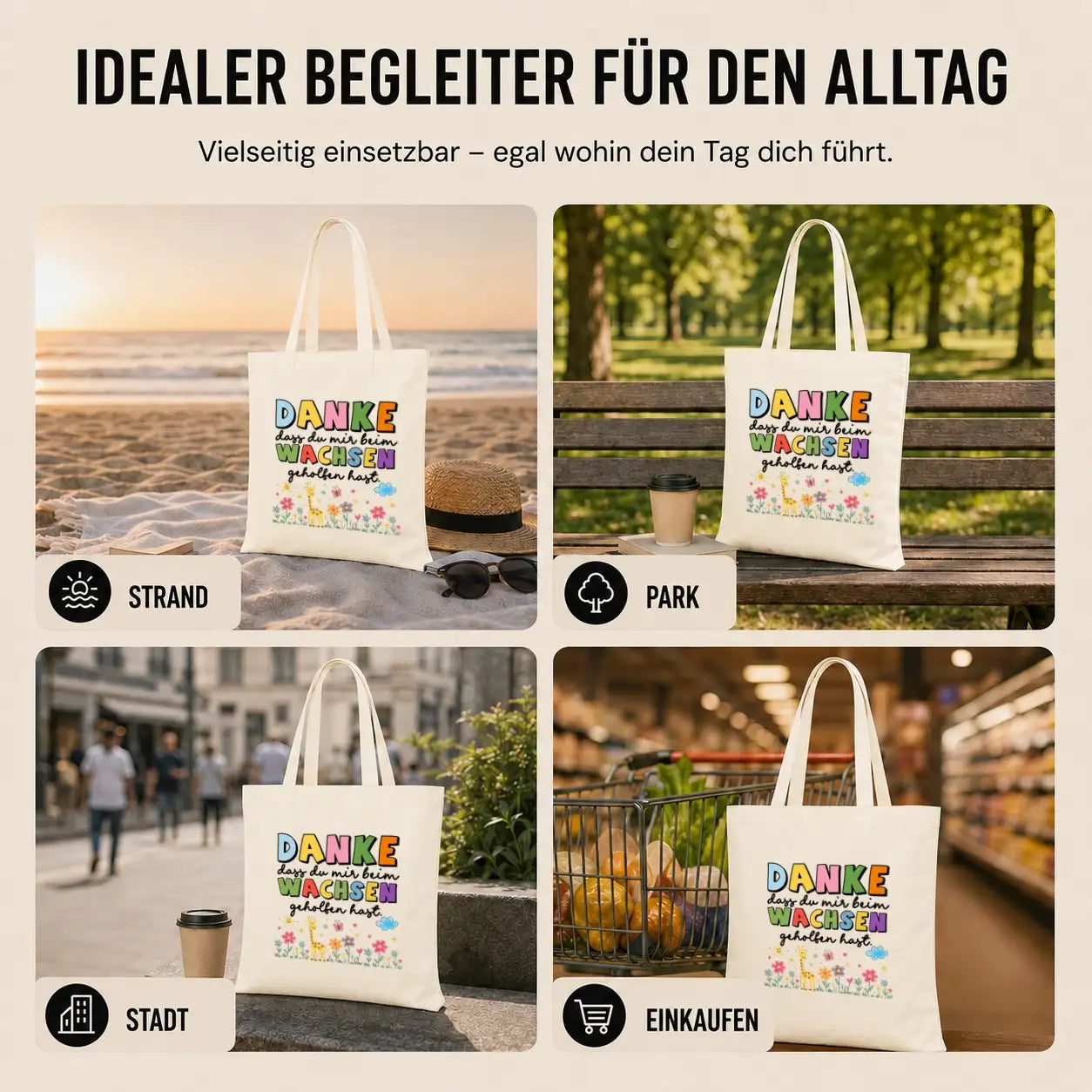 LIEBTASTISCH® Baumwolltasche Danke dass du mir beim wachsen geholfen hast. - Geschenk Erzieherin Tagesmutter Lehrerin - Dankeschön Kindergarten Abschied - {FARBE}