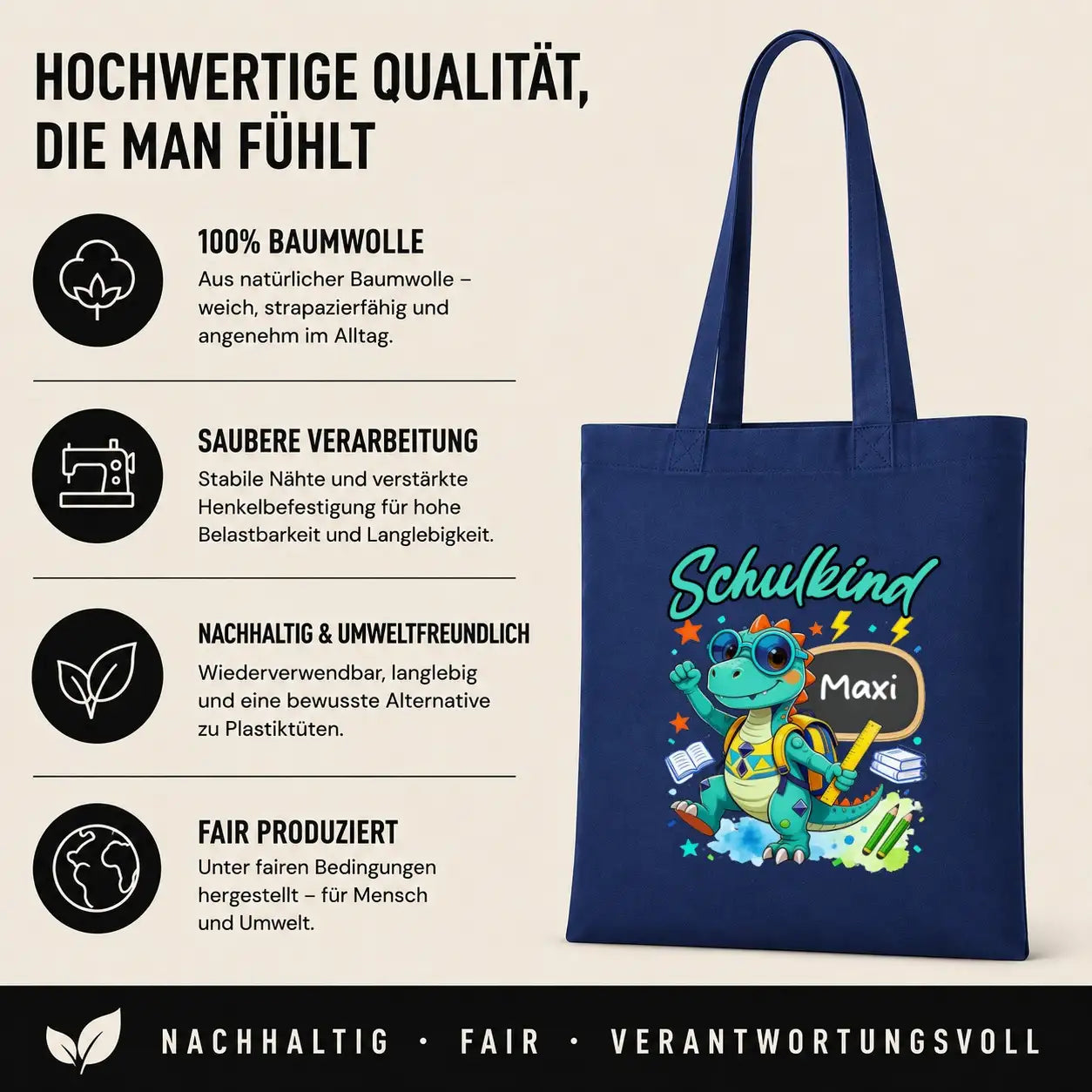 Baumwolltasche - Schulkind Dino mit Name Maxi