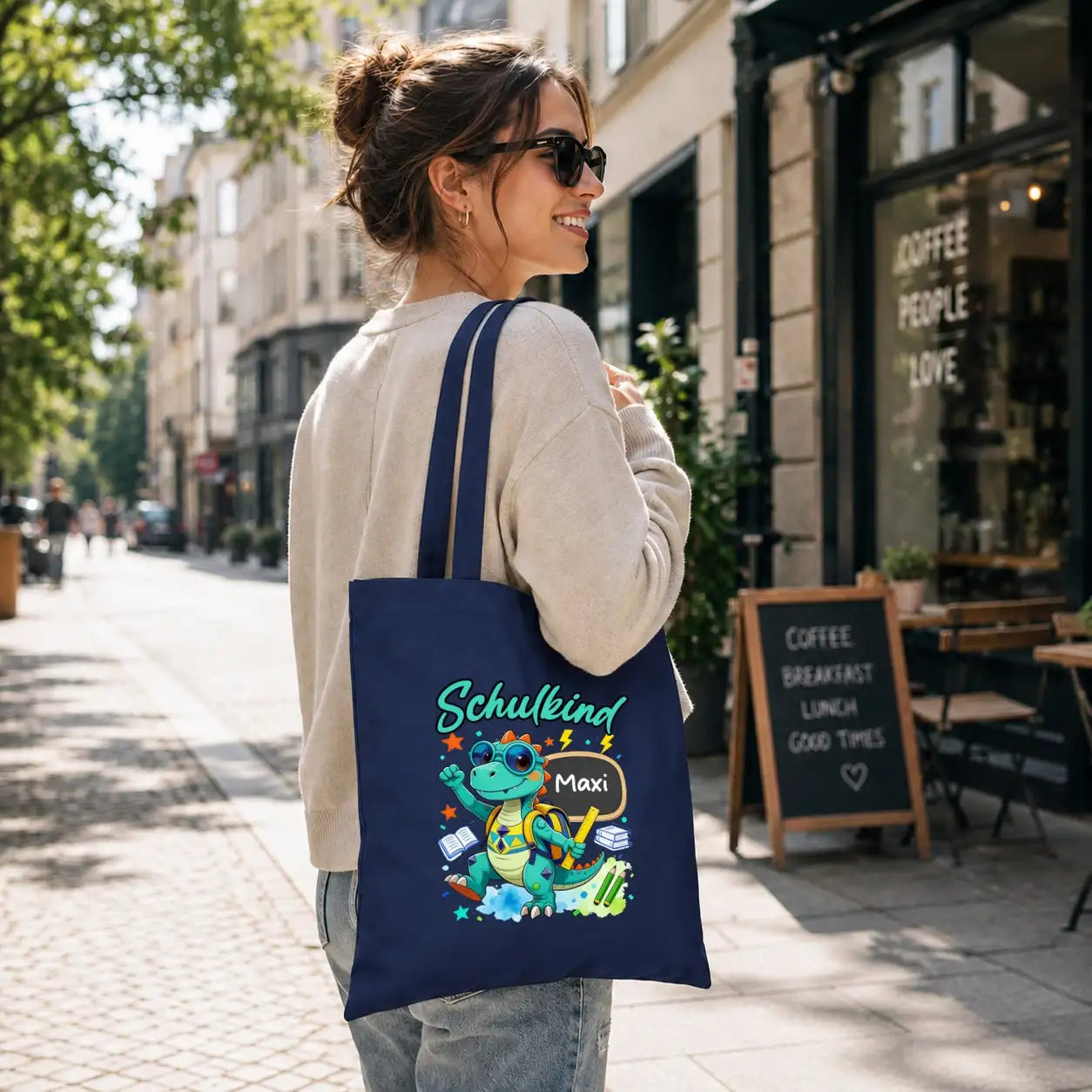 Baumwolltasche - Schulkind Dino mit Name Maxi